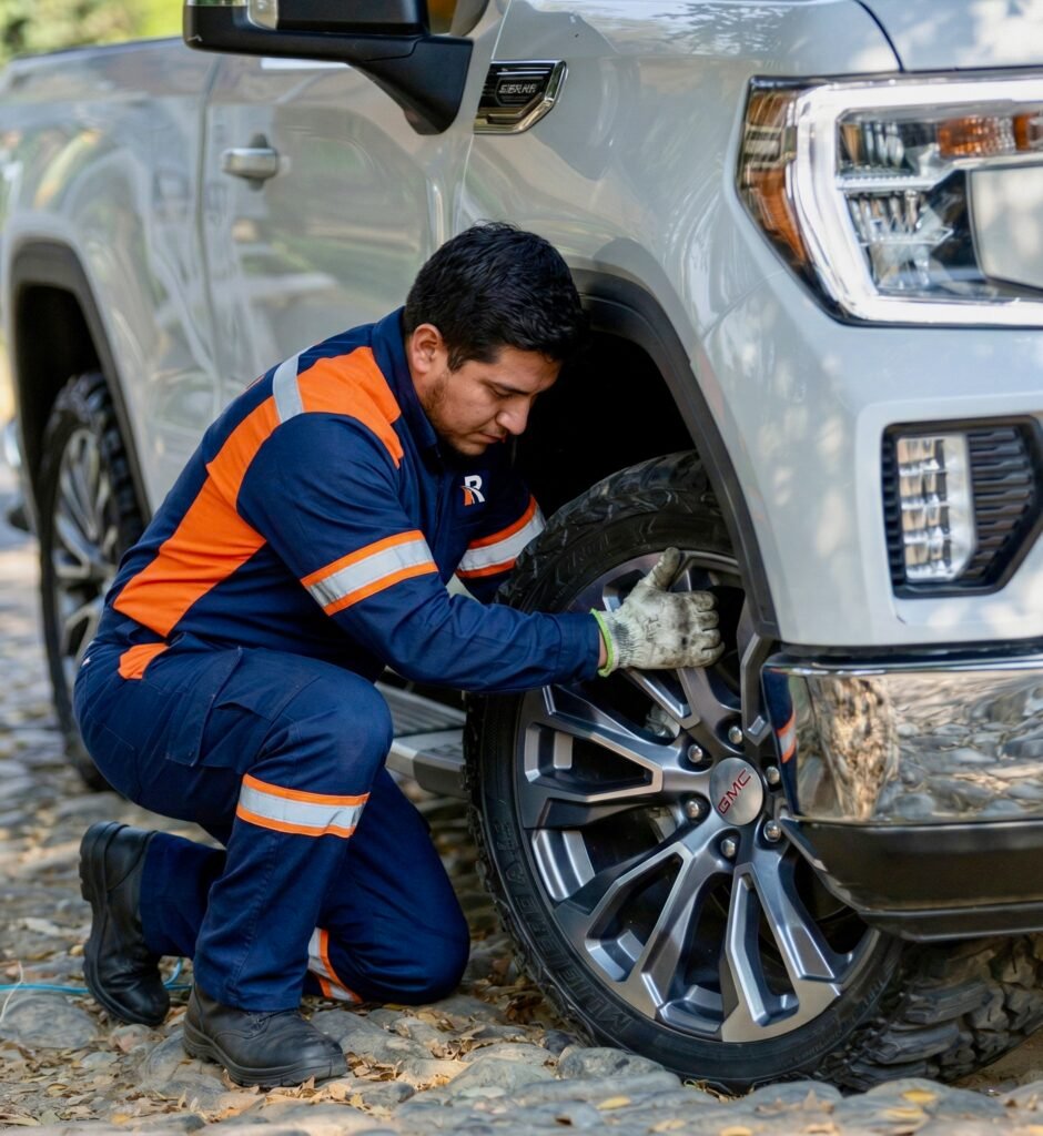Mobile tyre fitting technician from Roadway Assist replacing a vehicle tyre at roadside in the UK