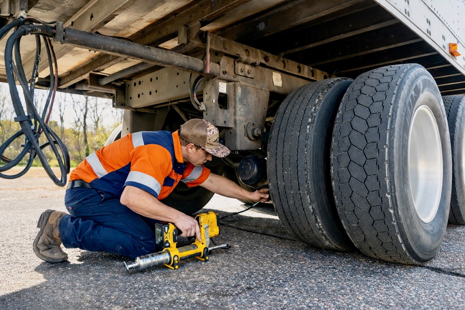 Roadside technician replacing heavy vehicle tyre during emergency breakdown