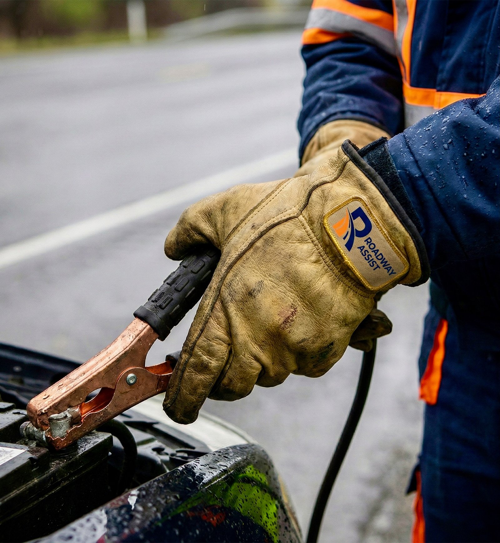 Roadway Assist technician performing car battery jump start with branded safety gloves